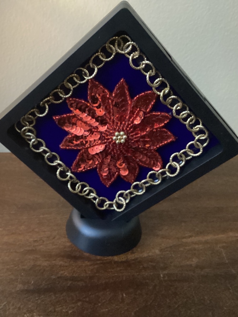 Handcrafted jewelry art Christmas encouragement red gold green supportive framed
